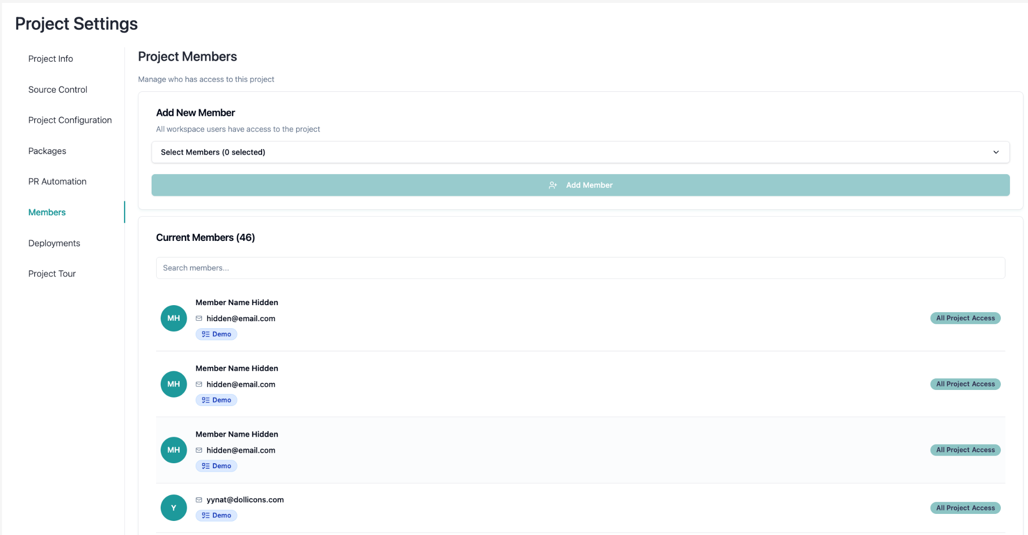 Project Members tab listing current members and access levels