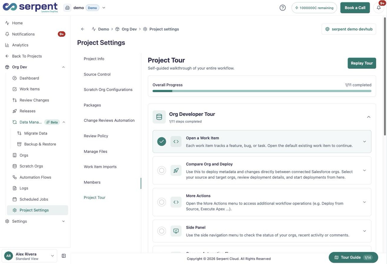 علامة تبويب Project Tour تعرض قائمة التحقق الإرشادية لسير عمل Org Developer