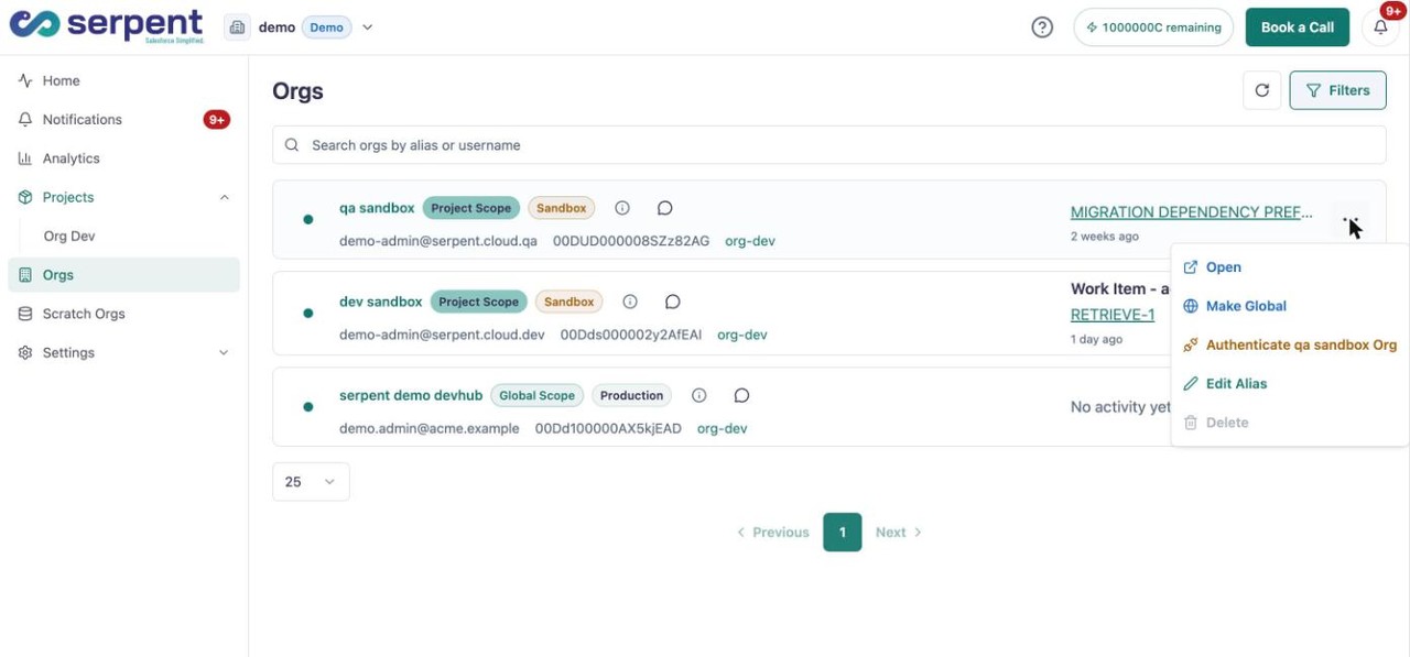 Aktionsmenü einer Org mit einer Option Authenticate zur Wiederherstellung des Zugriffs auf die verbundene Org