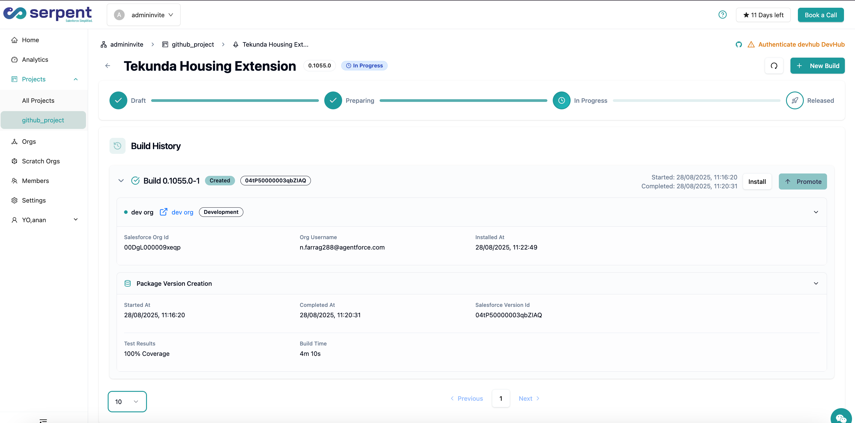 Release build history with deployment progress and build details