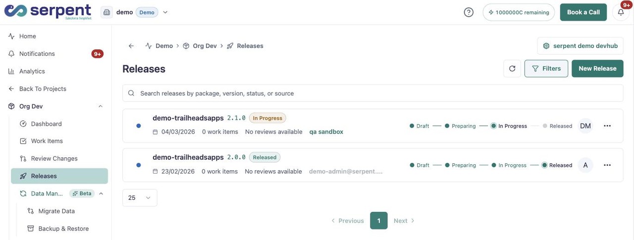 Releaselijst met geversioneerde releases die door Draft, Preparing, In Progress en Released bewegen