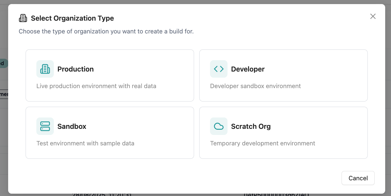 Select organization type dialog with four environment options