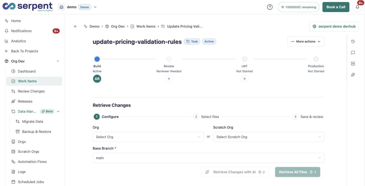 Retrieve-Changes-Flow mit einem Configure-Schritt zur Auswahl einer Org und eines Base Branch, mit Retrieve Changes with AI neben Retrieve All Files
