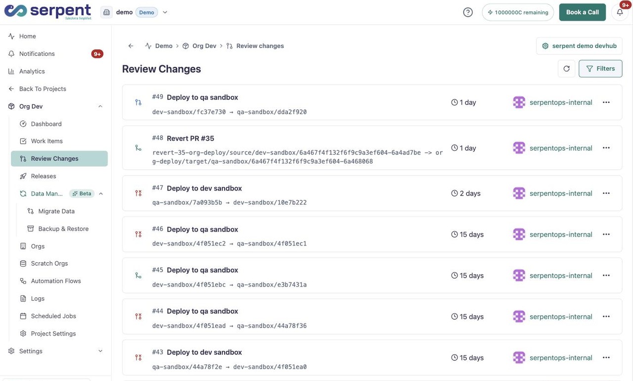 Liste Review Changes mit Pull Requests samt Quell- und Ziel-Branch, Alter und Status