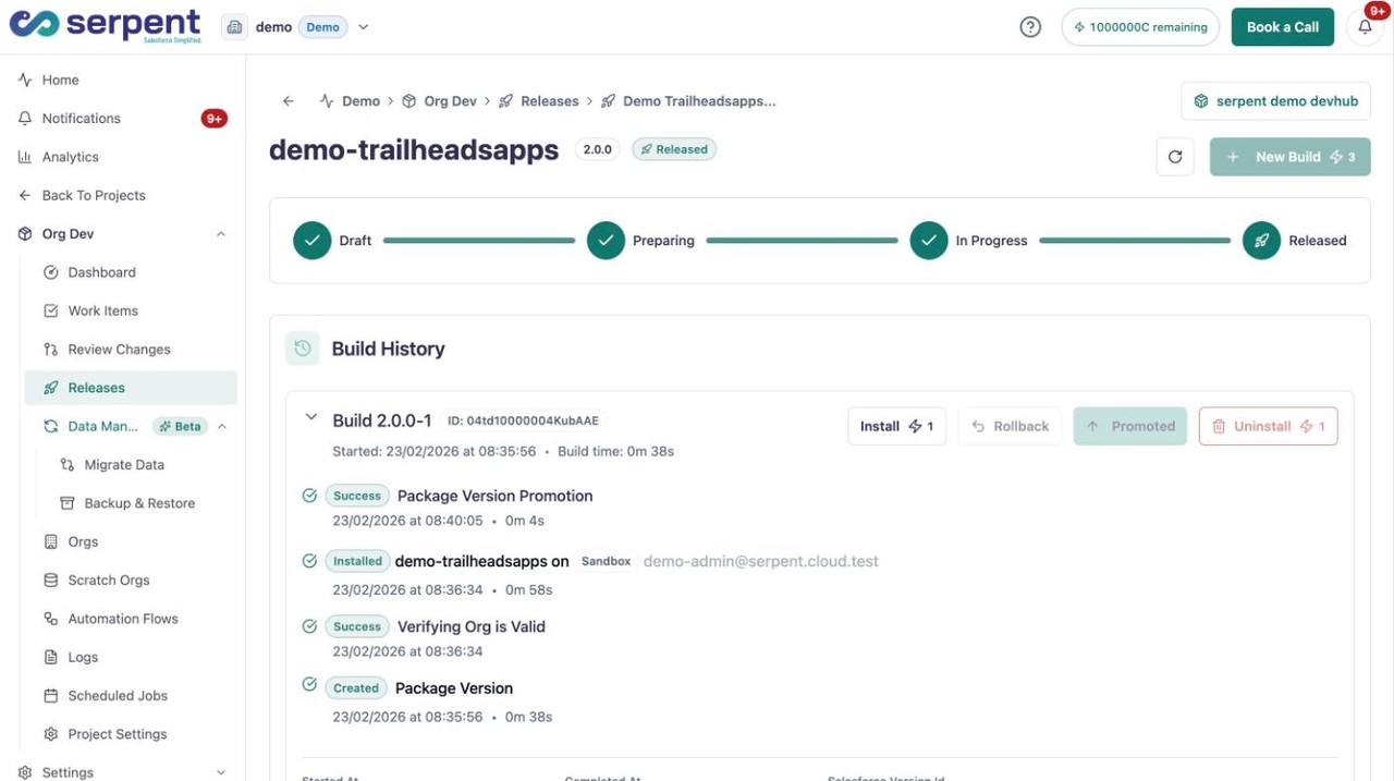 Build-Historie eines veröffentlichten Releases mit einer Ein-Klick-Rollback-Steuerung neben Install, Promote und Uninstall