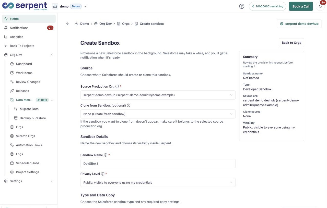 Formular „Create Sandbox
