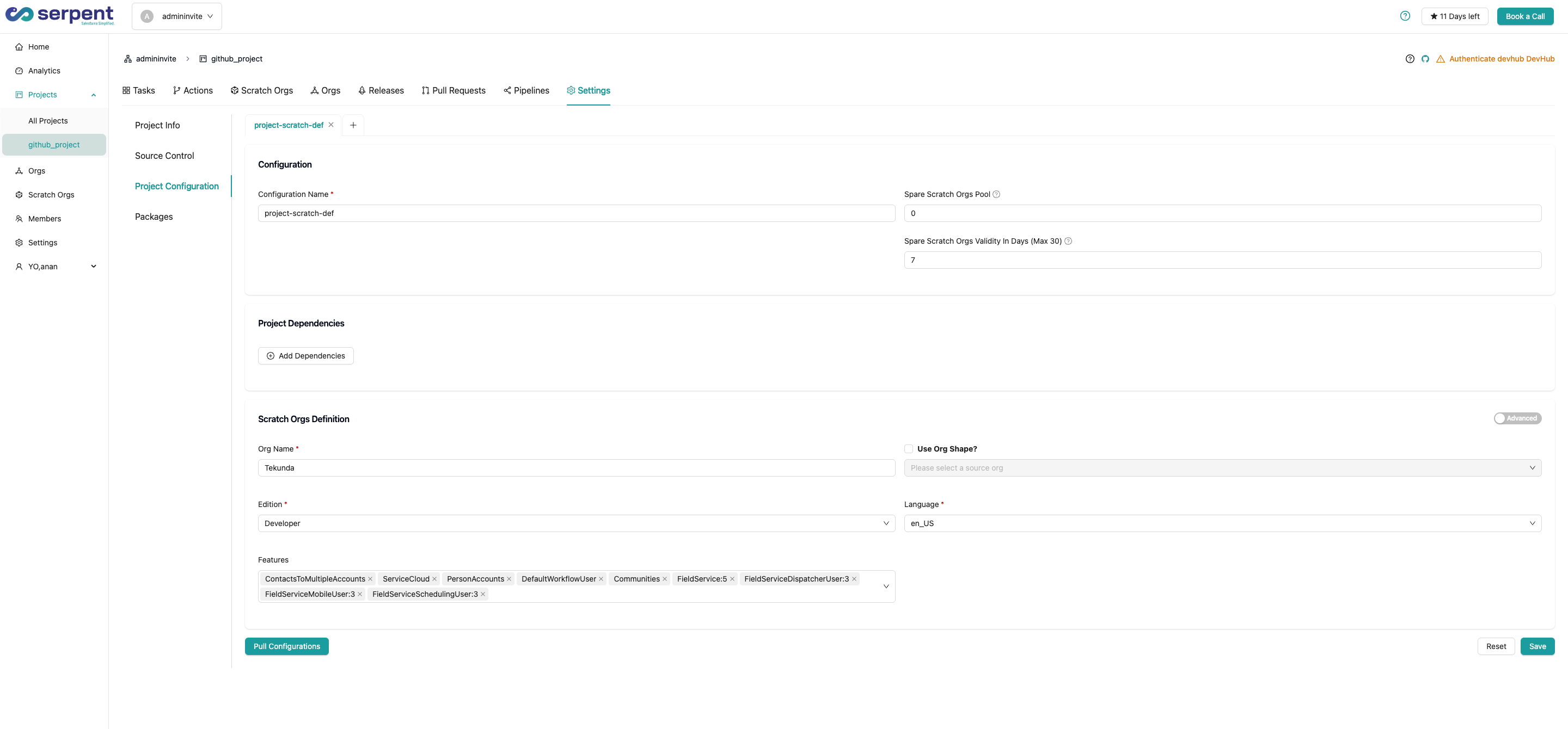 Project settings panel for spare scratch org pool size