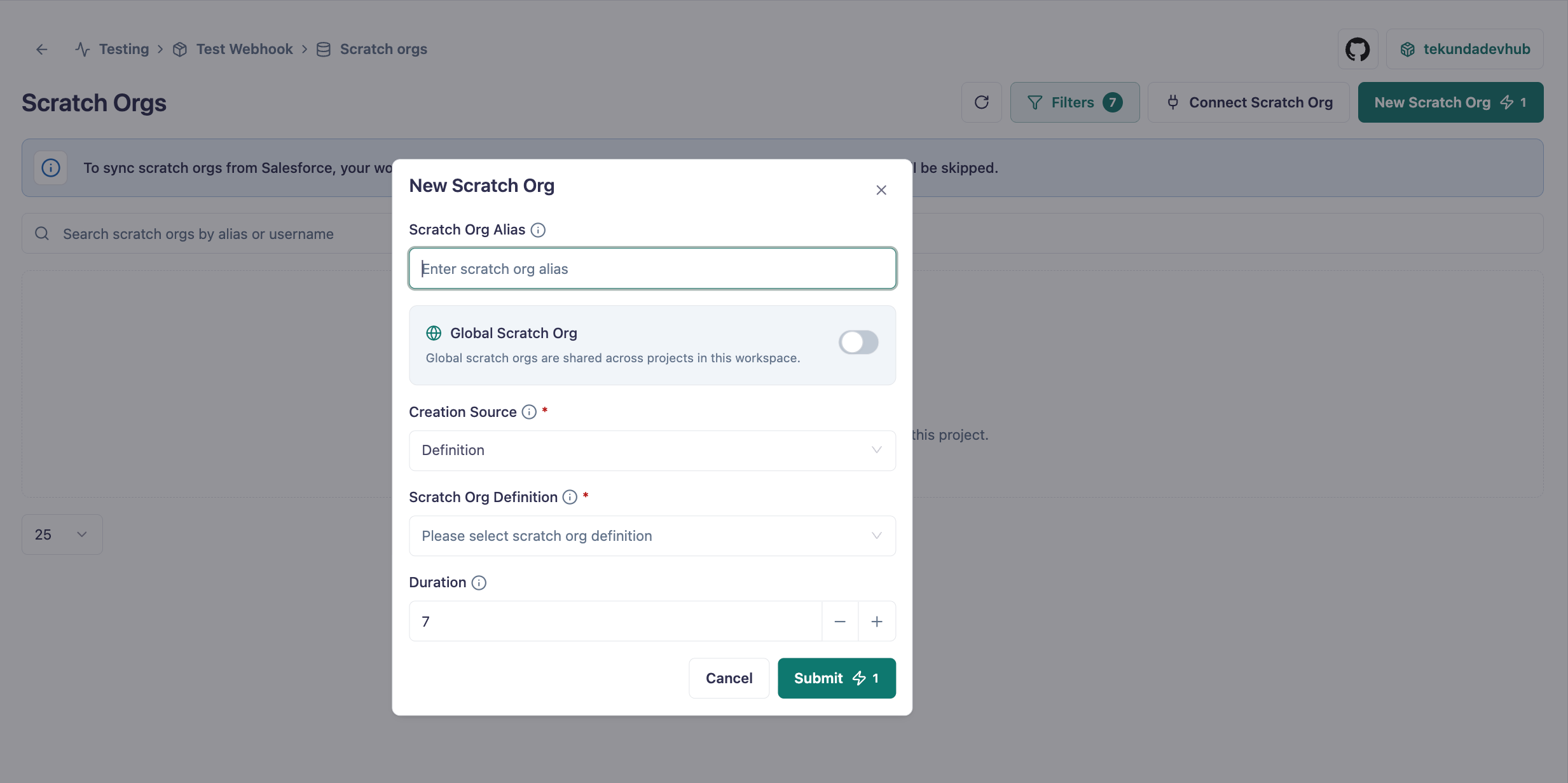 New Scratch Org dialog with definition and duration fields
