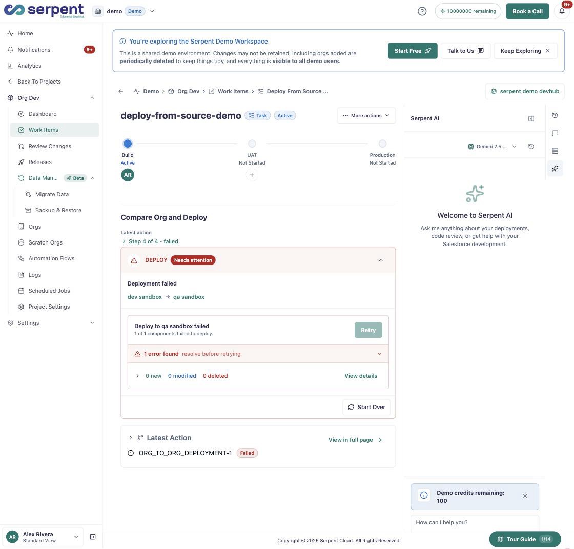 Serpent AI assistant panel open on a Work Item, with a model picker and a prompt box inviting a question about deployments, code review, or Salesforce development