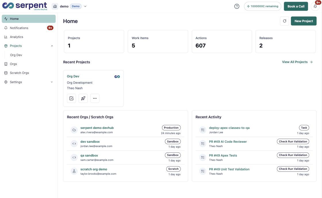 Accueil du workspace Serpent montrant les projects, les orgs et l'activité récente