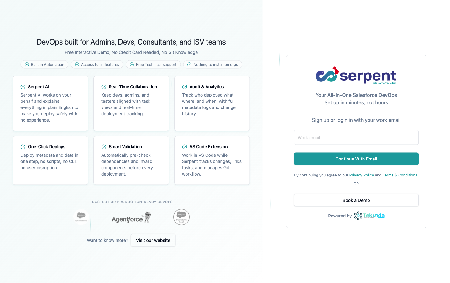 Serpent sign up screen with work email login field