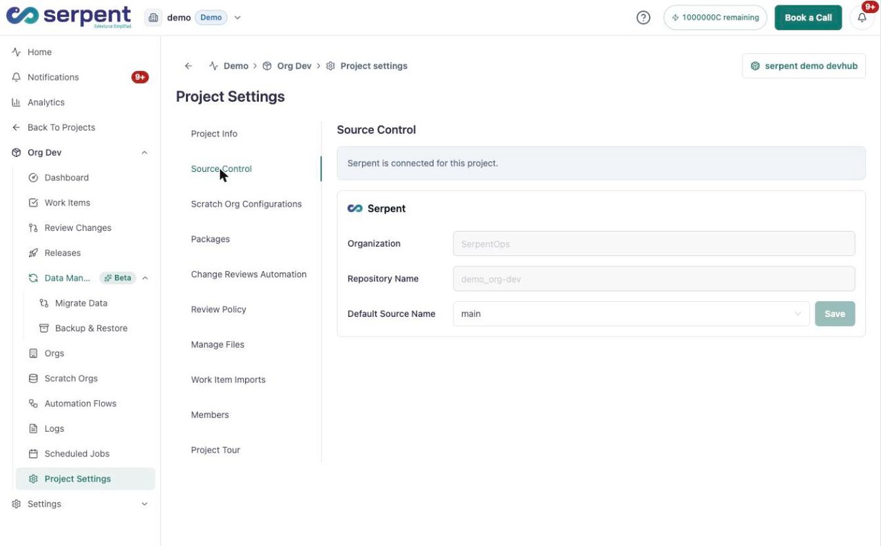 Tab Project Settings Source Control mit dem verbundenen Repository und dem Standard-Branch
