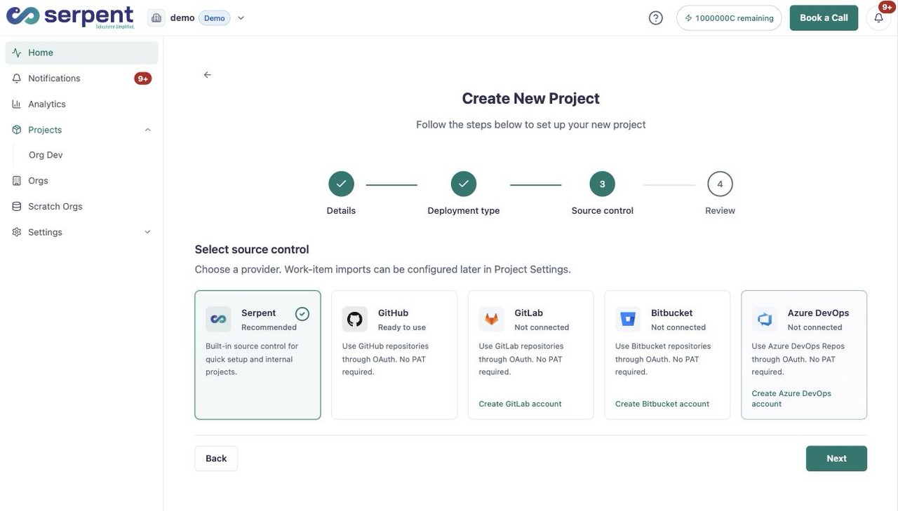 Kontoeinstellungen Source Control mit den Providern GitHub, GitLab, Bitbucket und Azure DevOps
