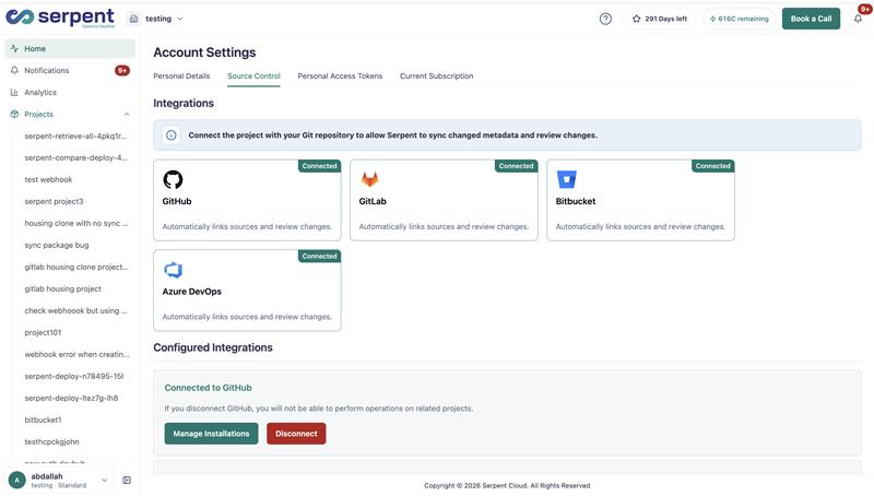 Source control settings showing connected Git provider integrations
