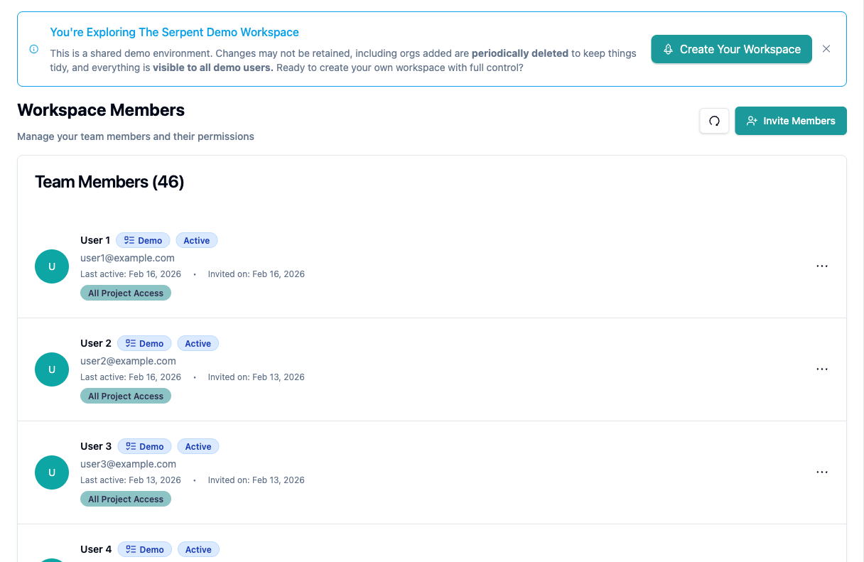 Workspace members list with role and access badges