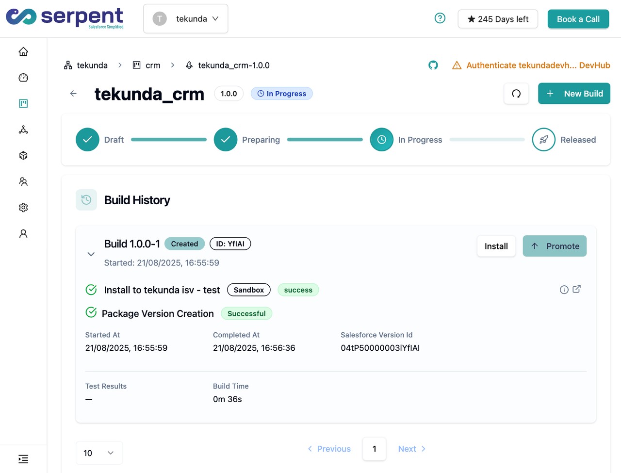 لوحة الإصدارات مع تنبيهات التعارض في Serpent